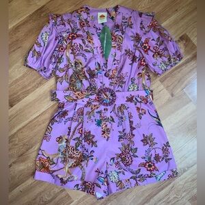 Farm Rio Lilac Floral Monkey Short Sleeve Romper with Belt & Pockets Large